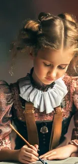 Young girl writing at a desk in vintage style.