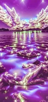 Violet nightscape with wings and stars reflecting on serene water.