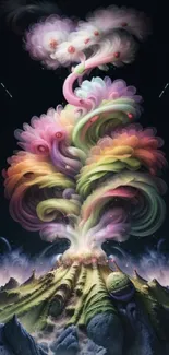 Surreal volcano eruption with colorful clouds in digital artwork.