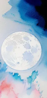 Dreamy watercolor painting of the moon with a blue and pink abstract background.