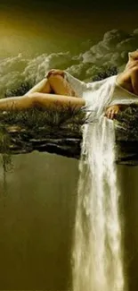 Surreal waterfall scene with woman in a dreamy setting, ideal for mobile wallpaper.