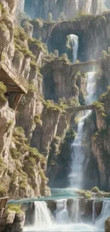 Fantasy landscape with cascading waterfalls and bridges.