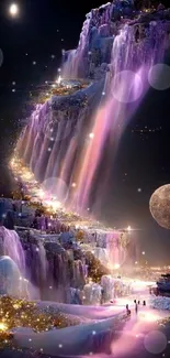 Magical purple waterfall fantasy landscape mobile wallpaper.