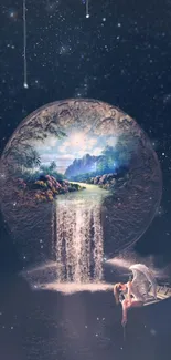 Dreamy fantasy scene with waterfall and cosmic background.