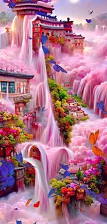 Fantasy waterfall with vibrant pink clouds and butterflies.