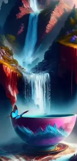 Fantasy waterfall with colorful bowl and butterfly in mountain backdrop.