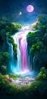 Dreamy waterfall with lush greenery and a mystical moonlit sky.