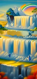 Fantasy landscape with waterfalls, rainbows, and vibrant colors.