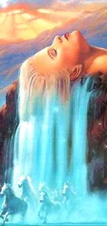 A surreal fantasy art of a waterfall blending with a woman's face and mythical horses.