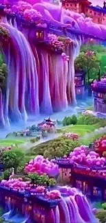 Colorful fantasy landscape with waterfalls.