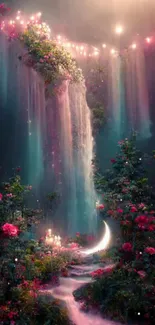 Dreamy waterfall and flowers in a magical forest wallpaper.