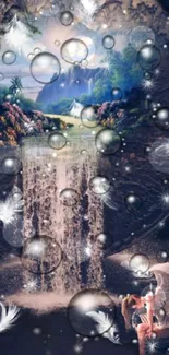 A dreamy mobile wallpaper with a waterfall, bubbles, and angelic figures.