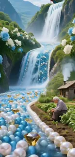 Fantasy landscape with waterfalls, flowers, and pearls.