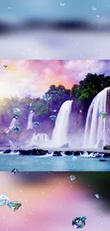 Waterfall with floating gems in a dreamy, colorful background.