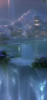 Serene landscape with waterfalls under a mystical sky.