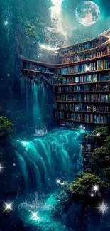 Mystical waterfall library under a moonlit sky.