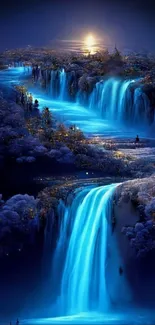 Dreamy blue waterfall under moonlight.