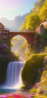 Picturesque waterfall village with vibrant greenery and flowers.