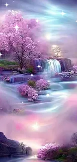 Dreamy wallpaper featuring pink blossoms and a waterfall in a mystical purple setting.