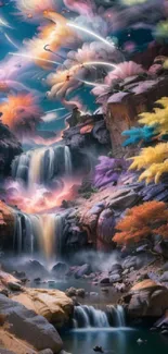 Fantasy waterfall with vibrant colors and dreamlike atmosphere.