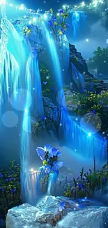 Blue glowing waterfall in a fantasy night landscape.