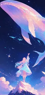 Whimsical illustration of a girl and a whale in a starry sky.