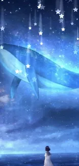 A surreal whale swims gracefully through a starry galaxy above the ocean.