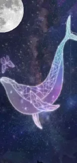 Geometric whale in a starry night sky with moon and cosmic scenery.