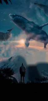 Surreal whale sky wallpaper with mountains and sunset.