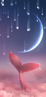 Whale tail in pink clouds under crescent moon.