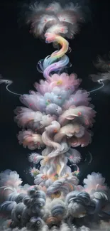 Whimsical abstract clouds in a dreamy, colorful swirl set against a starlit sky.