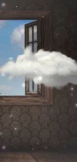 Surreal wallpaper with a window, cloud, and bird.