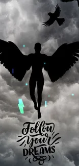 Silhouette with wings and 'Follow Your Dreams' text on a cloudy sky background.