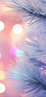 Serene pastel bokeh lights and frosty pine winter wallpaper.