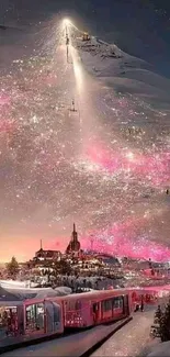 Dreamy snow-covered mountain with a glowing pink sky and a village below.