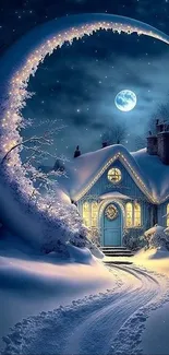 Enchanting winter night cottage with glowing moon and snow.