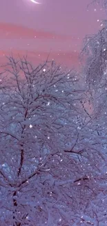 Serene winter night with moon and snowy trees against a pastel sky.