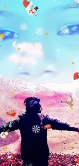 Surreal winter collage phone wallpaper with festive elements and dreamy visage.