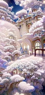 Dreamy winter wonderland with snow-laden fantasy architecture.