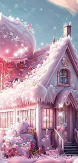 Enchanting snow-covered cottage under pink clouds in winter wonderland.