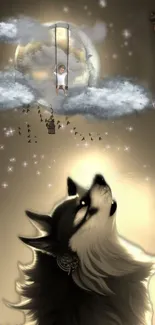 Dreamy wolf with glowing moon and child on swing in fantasy night scene.