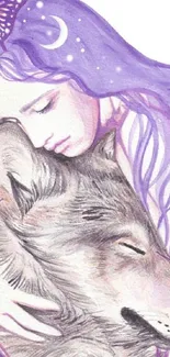 Woman with purple hair hugs a wolf, surrounded by butterflies in a dreamy scene.