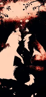 Artistic depiction of two wolves under a mystical sky.