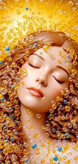 Serene woman surrounded by glowing bubbles.