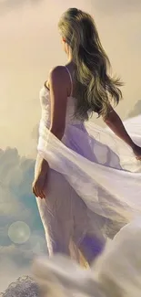 Ethereal woman in white dress amidst clouds.