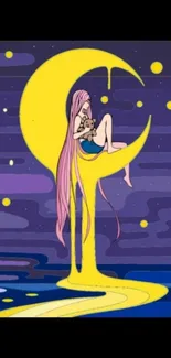 Artistic illustration of a girl on a yellow moon against a starry sky.