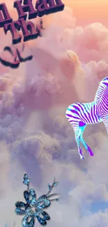 Purple zebra on dreamy cloudscape with flower.