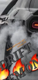Dodge Challenger performs a dynamic drift with smoke and flames.