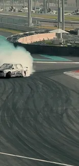 Car drifting on a racetrack with vivid smoke trails and sweeping curve.