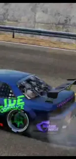 High-speed drifting car with vibrant graphics on the track.